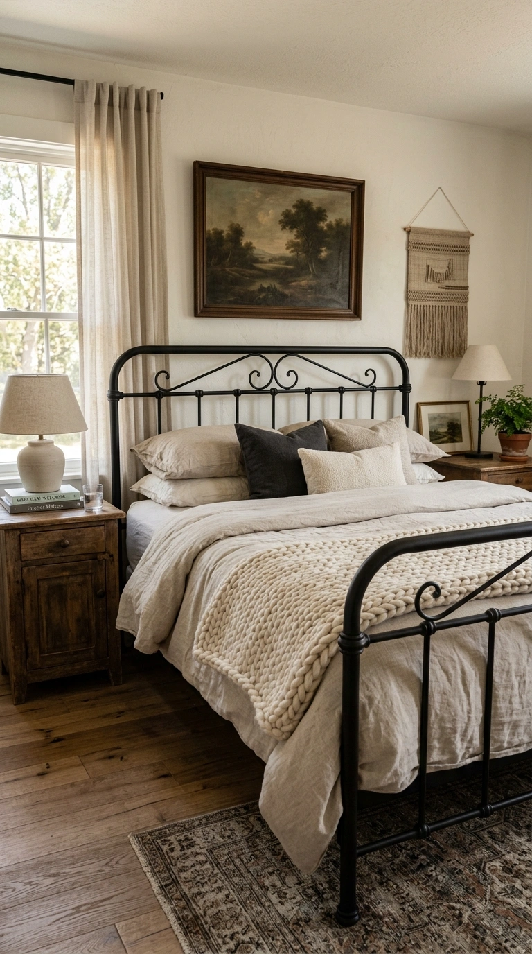 Rustic Bedroom Vibes — 16 Cozy Ideas 13 012 Black Iron Bed A rustic bedroom featuring a matte
