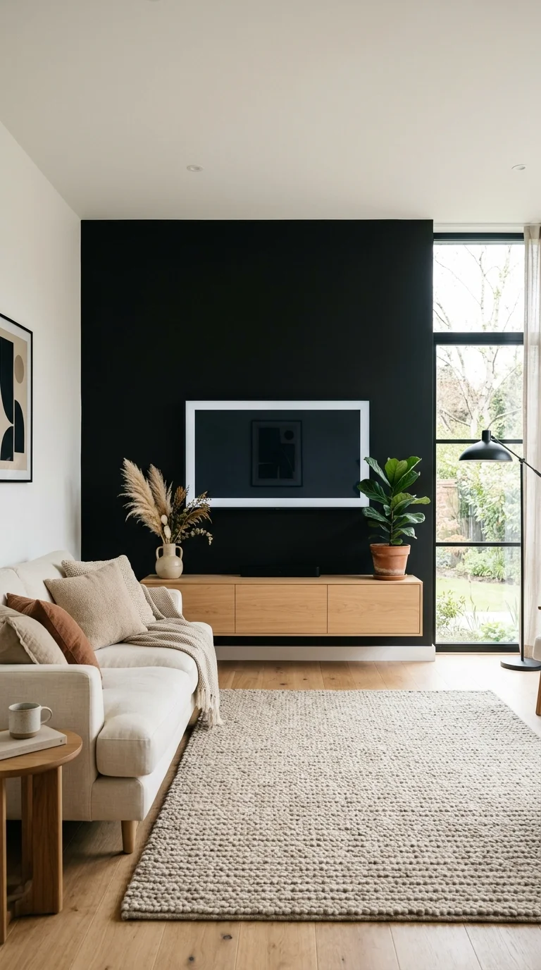 20 Hottest Black Accent Wall Ideas Taking Over Home Decor 13 012 Black Wall Behind TV A modern living room with a m