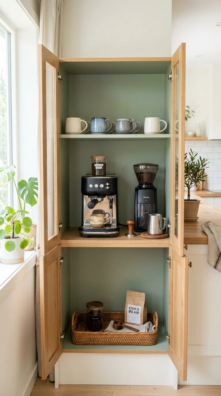 012 Cabinet Coffee Nook An open kitchen cabinet with i