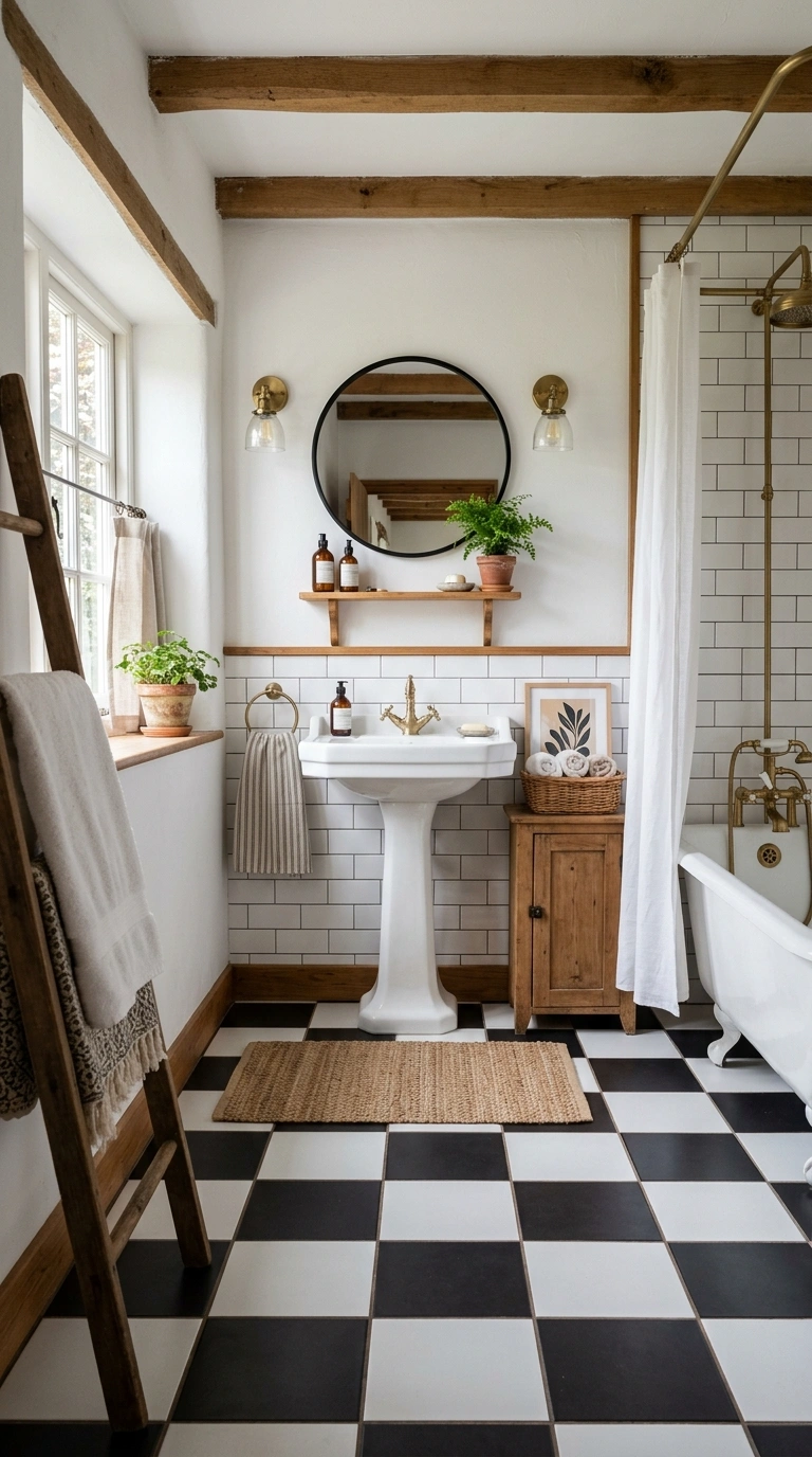 Farmhouse Bathrooms Done Right: 14 Inspiring Looks 13 012 Checkerboard Floor Tile A farmhouse bathroom with
