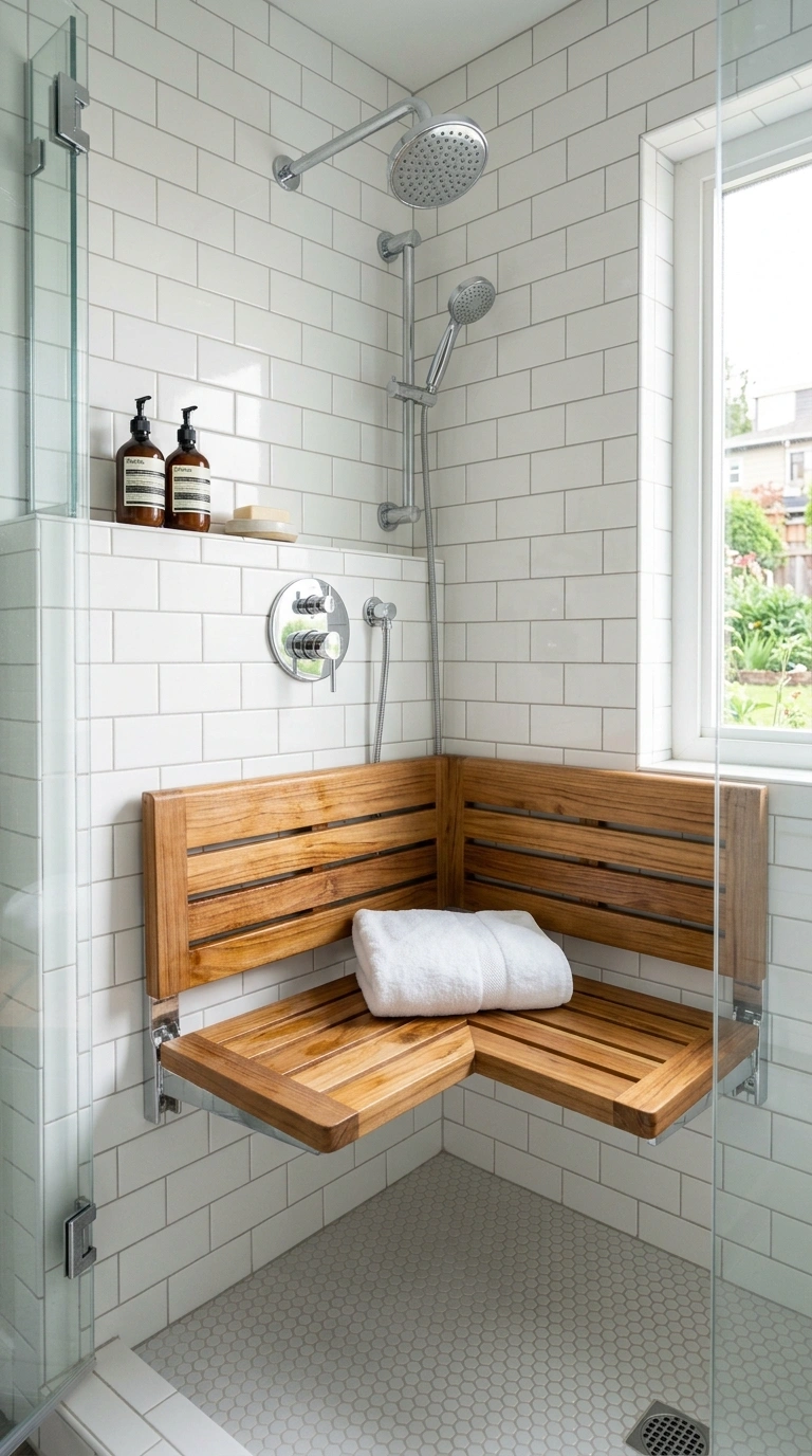 012 Corner Teak Bench A small shower with a slatted te
