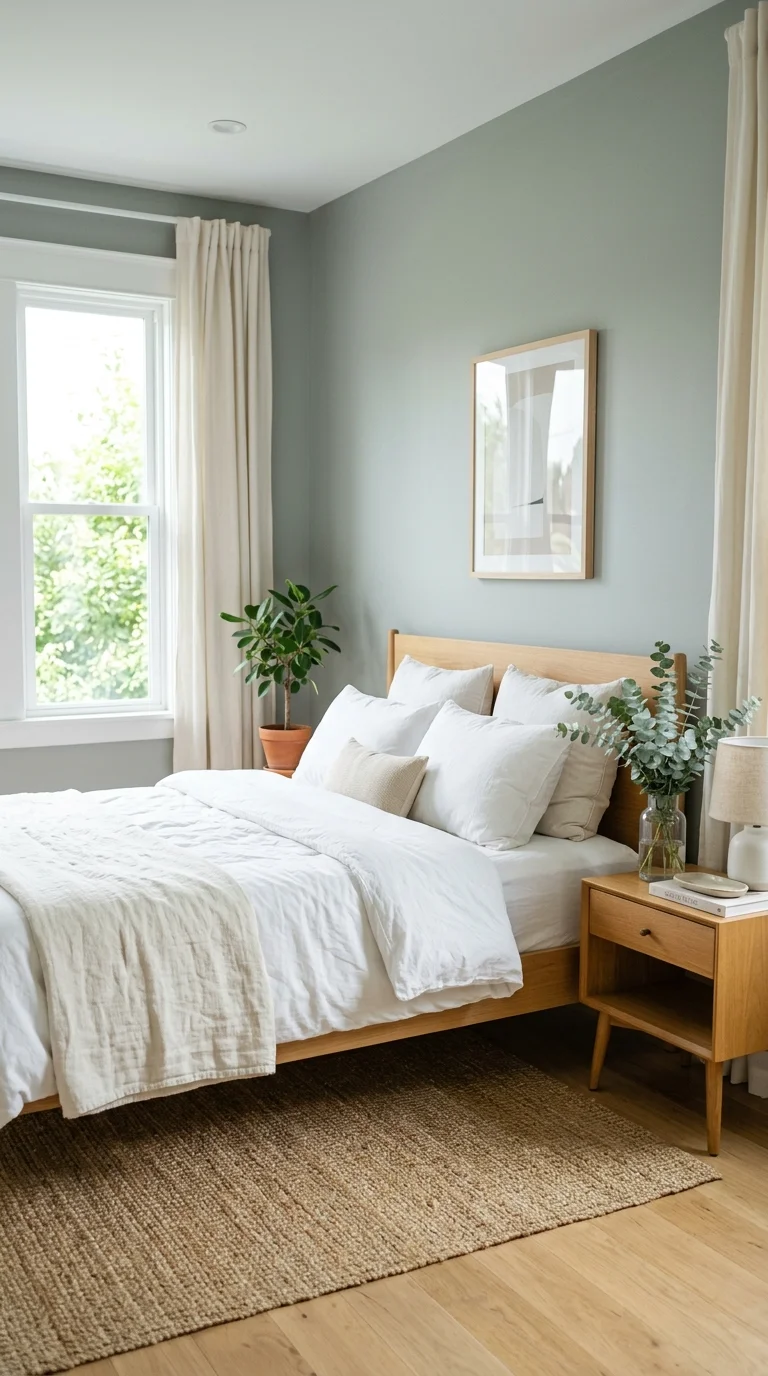 012 Eucalyptus Green Gray A bedroom with silvery eucal