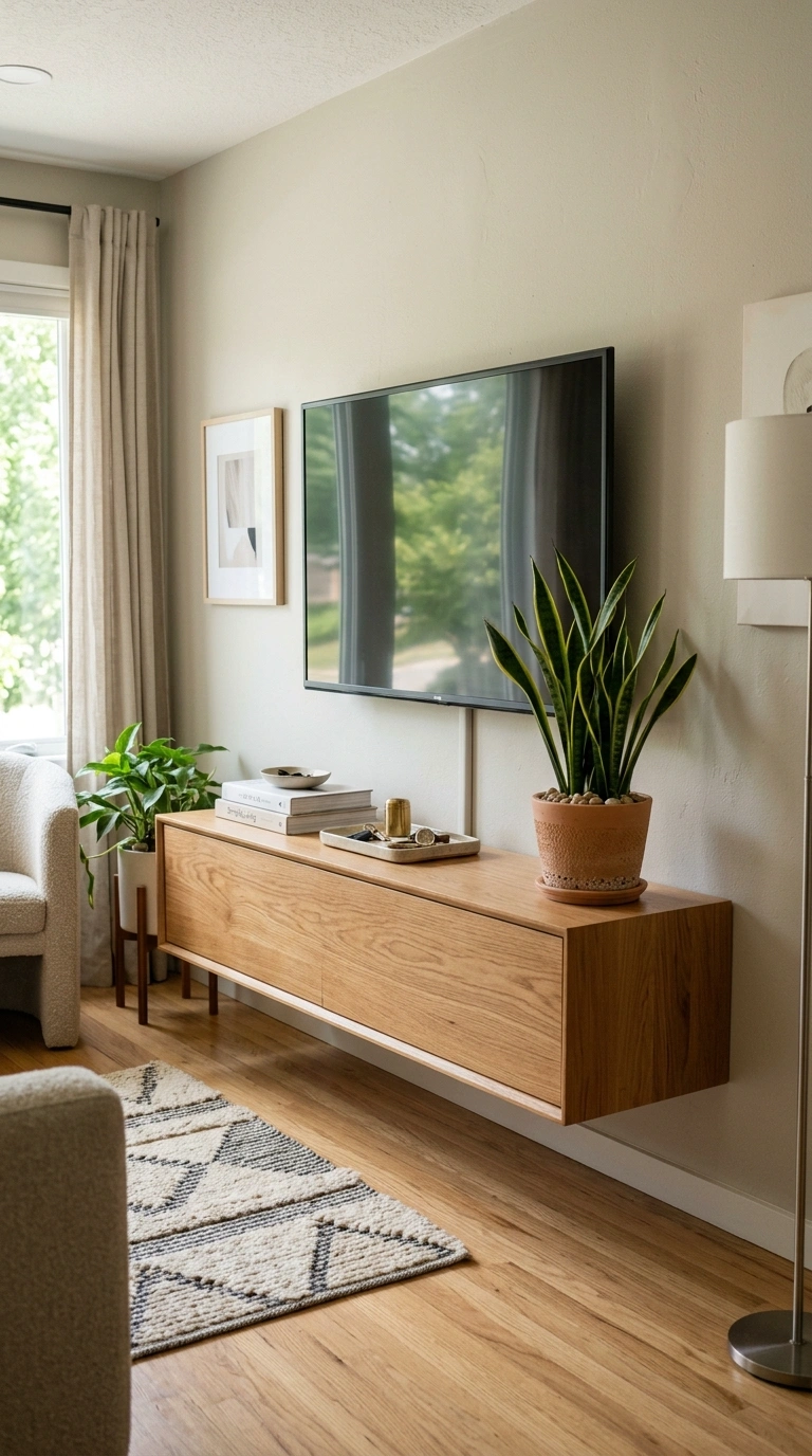 TV Wall Ideas That Don't Look Like an Afterthought (18 Picks) 13 012 Floating Console Below A living room wall with a m