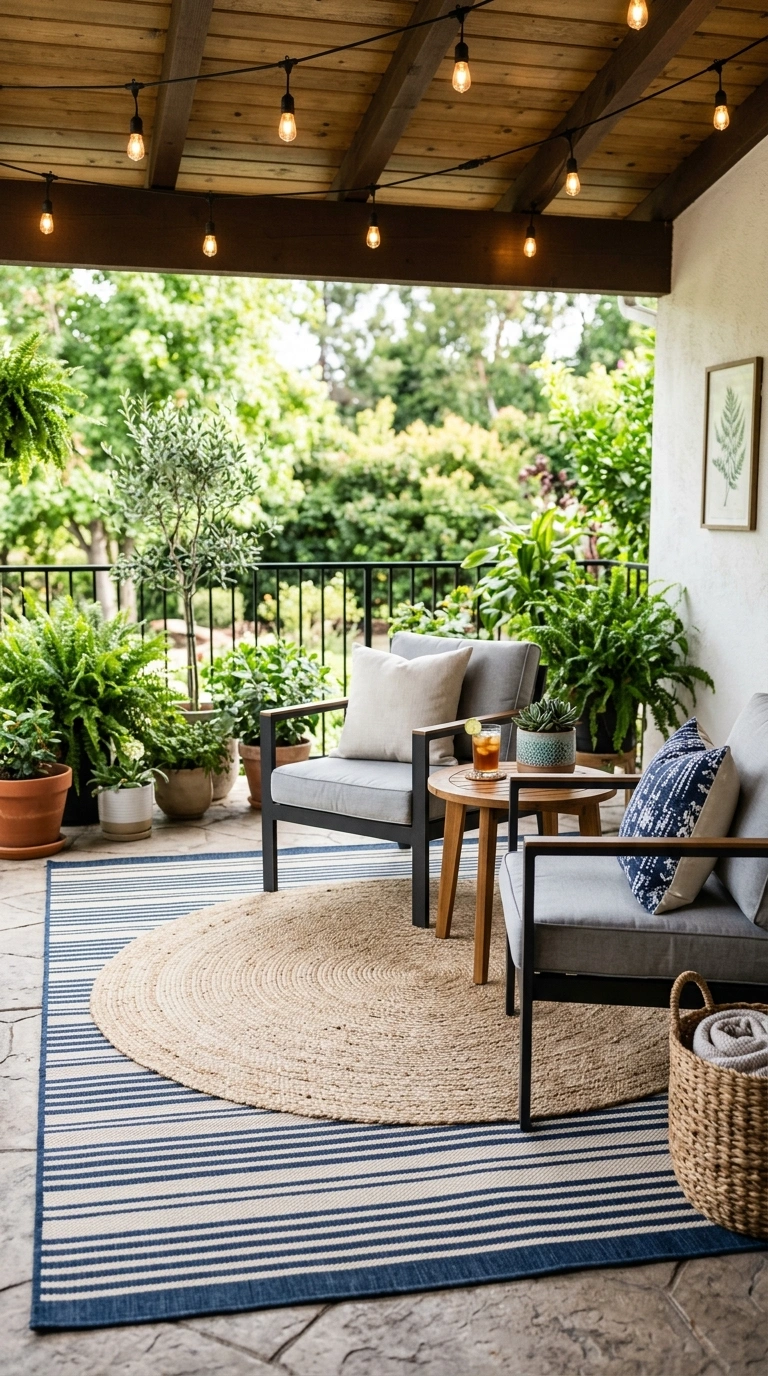 Layering Rugs the Right Way (12 Ideas) 13 012 Layered Outdoor Rugs A covered patio with a large