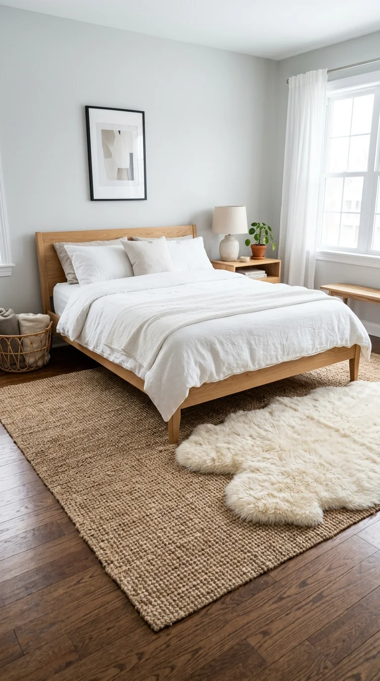 012 Layered Rug Look A bedroom floor with a large jute