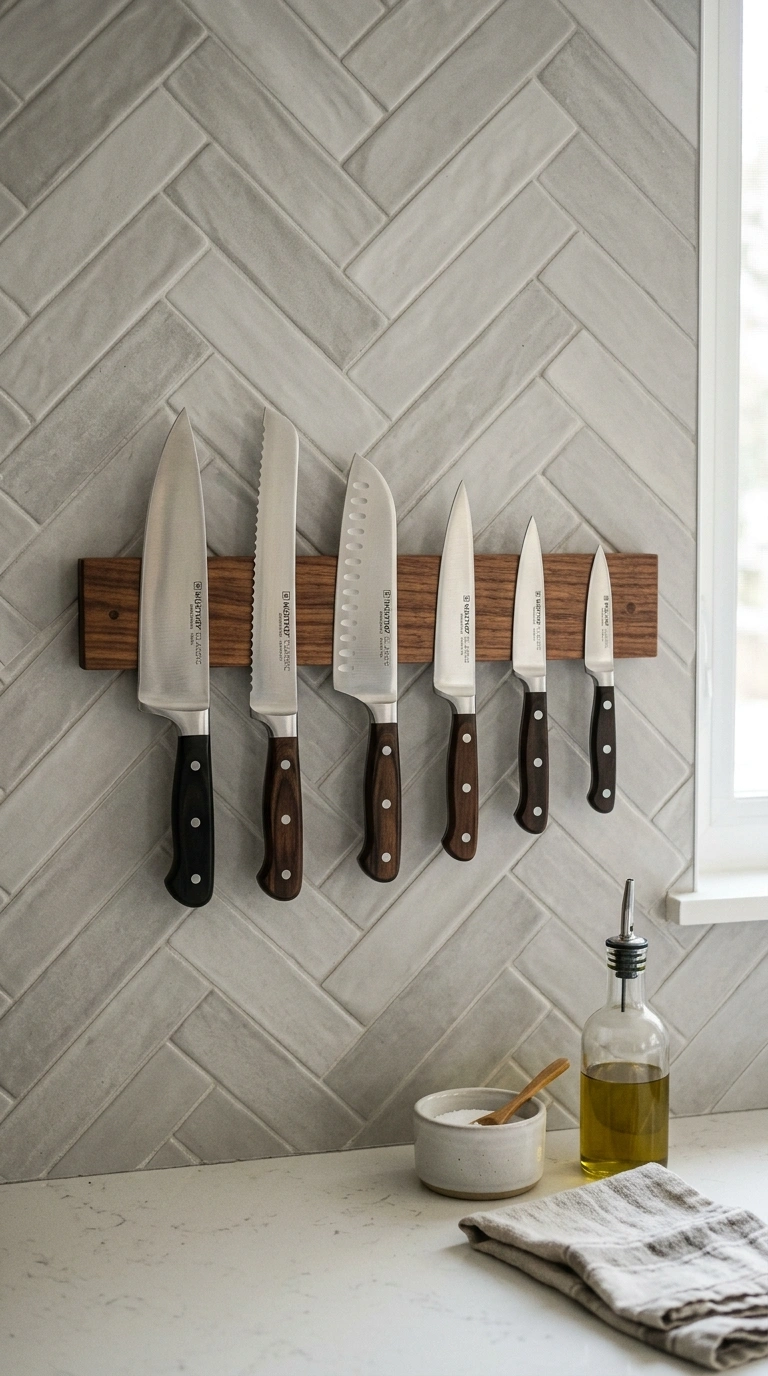 Counter Clutter Gone: 17 Kitchen Organization Ideas 13 012 Magnetic Knife Strip A kitchen backsplash with a w