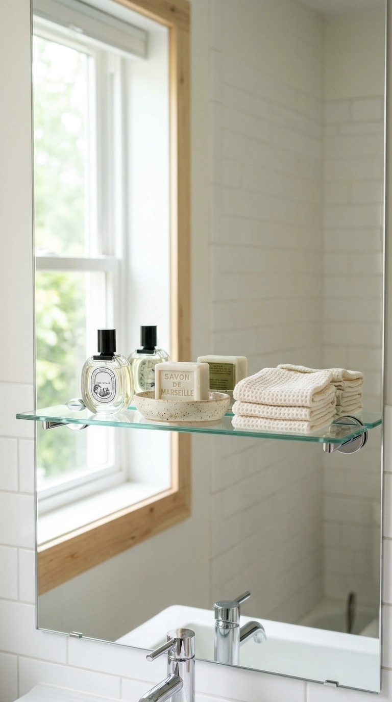 012 Mirror Backed Shelf A slim glass shelf mounted in