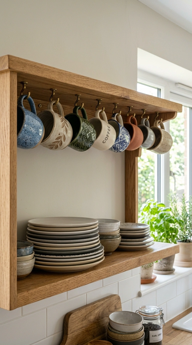 Cabinet Organization Hacks You'll Wish You Knew Sooner (18 Ideas) 13 012 Mug Hooks Under Shelf An open kitchen cabinet with