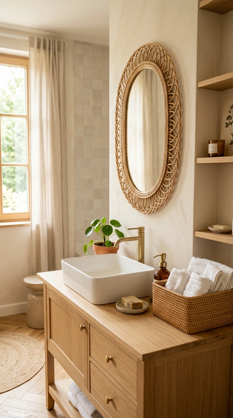 012 Rattan Framed Mirror A bathroom vanity with an ova