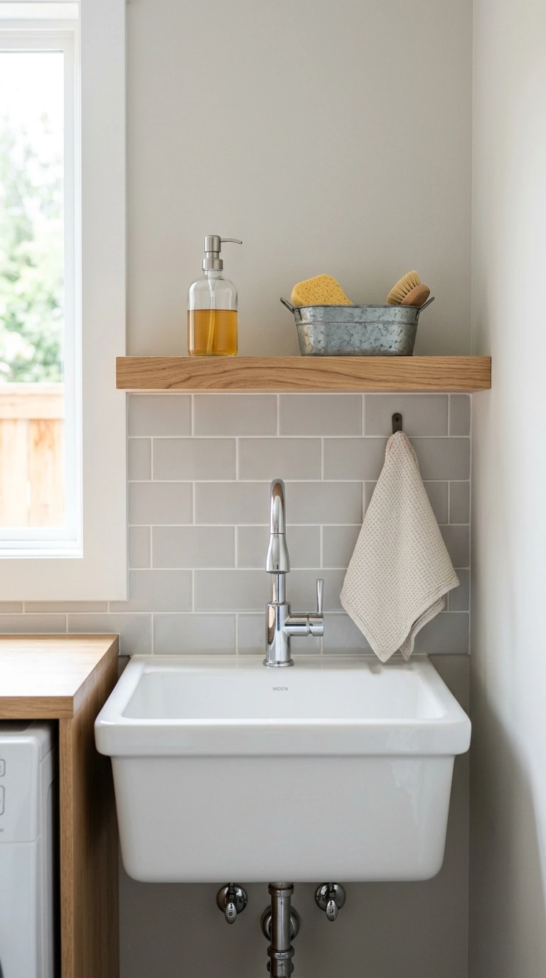 Laundry Shelves Styled Beautifully (13 Ideas) 13 012 Shelf Above Utility Sink A shallow wood shelf moun
