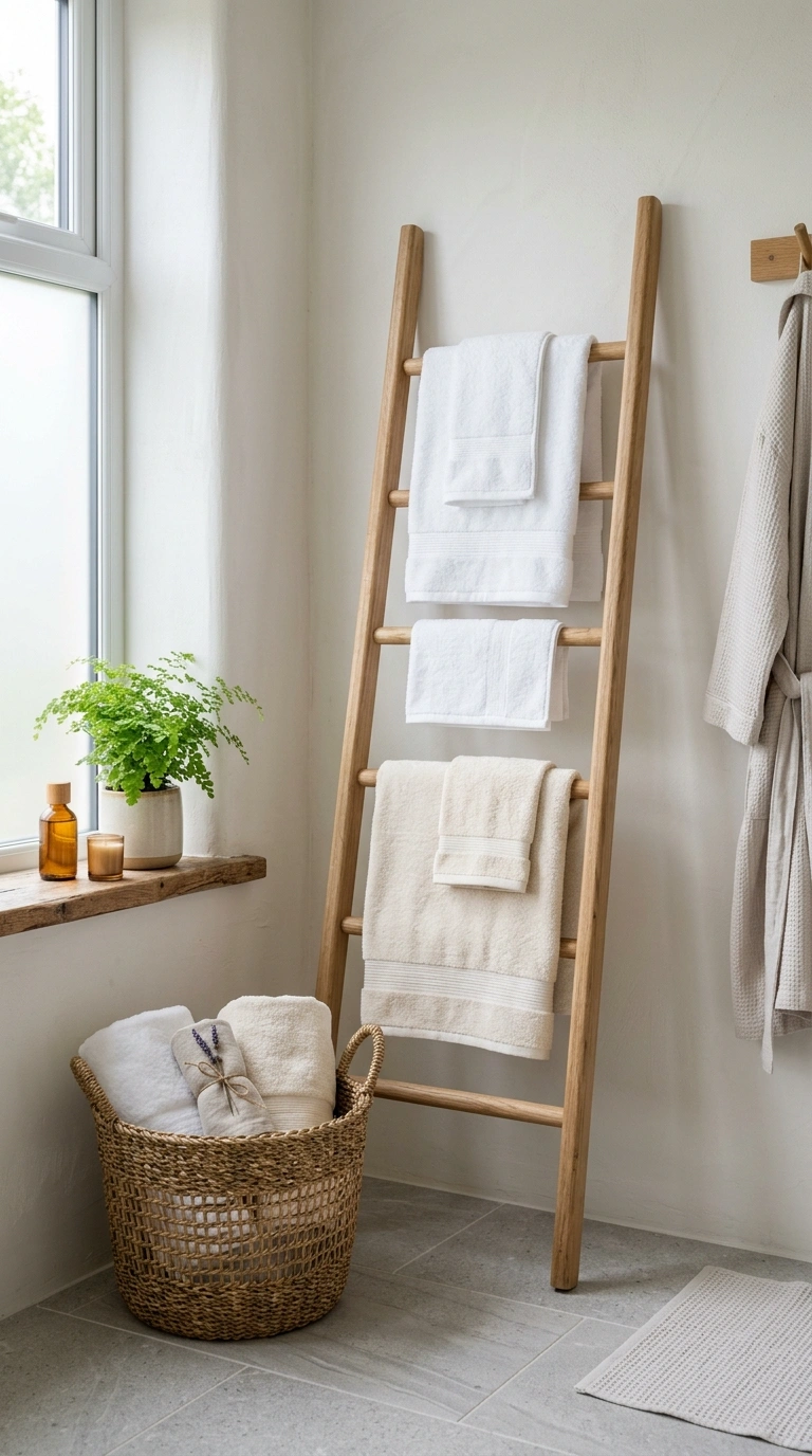 012 Spa Style Towel Display A bathroom corner with a l