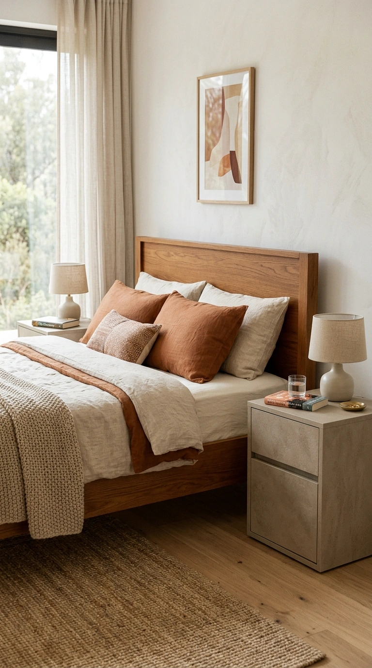 Neutral Bedrooms That Never Go Out of Style (15 Ideas) 13 012 Stone Toned Nightstands A bed with a warm wood fra