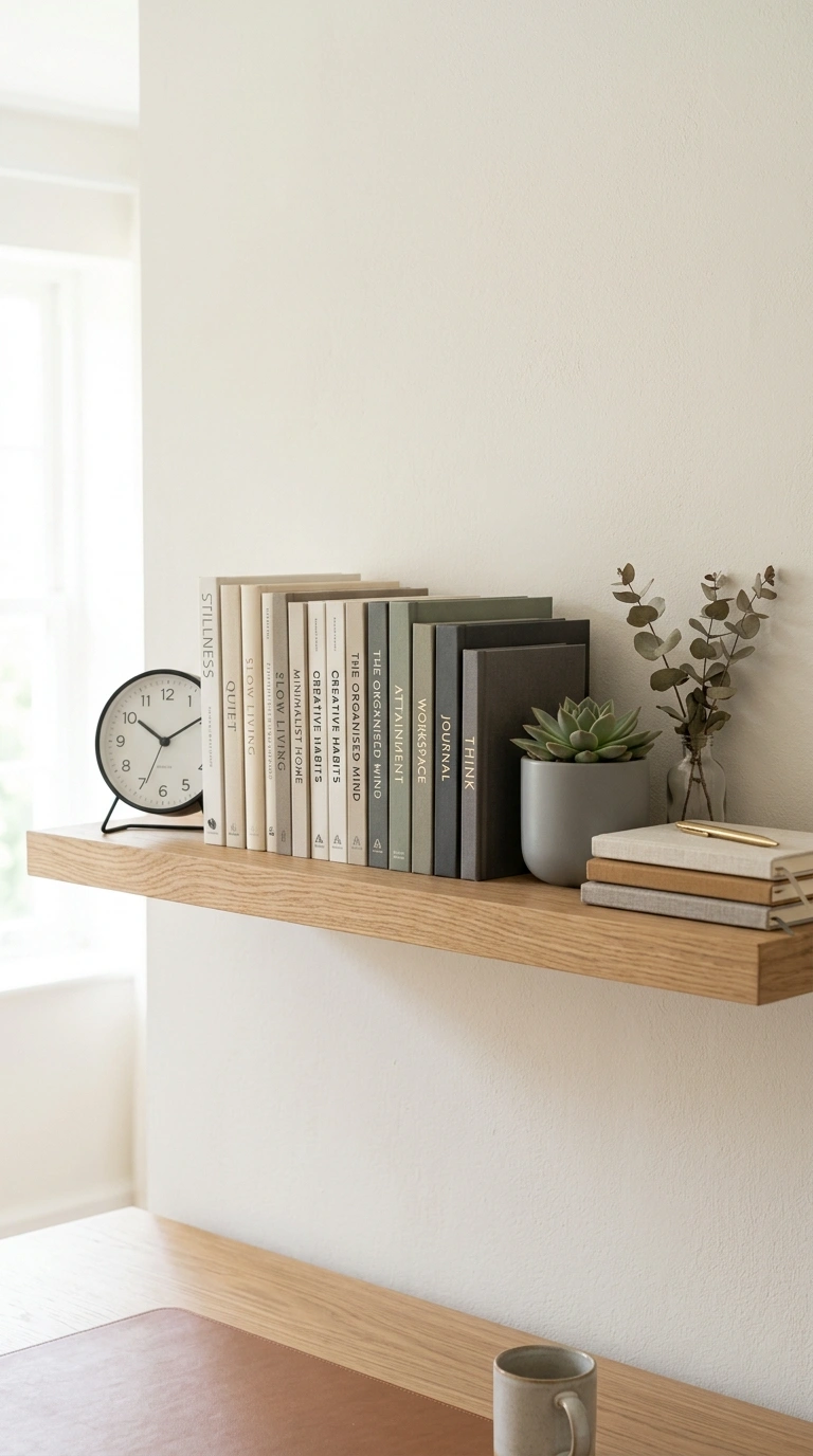 Office Shelf Styling Tips: 12 Easy Ideas 13 012 Style With A Clock A wooden office shelf with a sm
