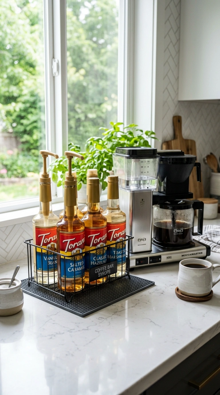 012 Syrup Bottle Shelf A small wire caddy on a kitchen