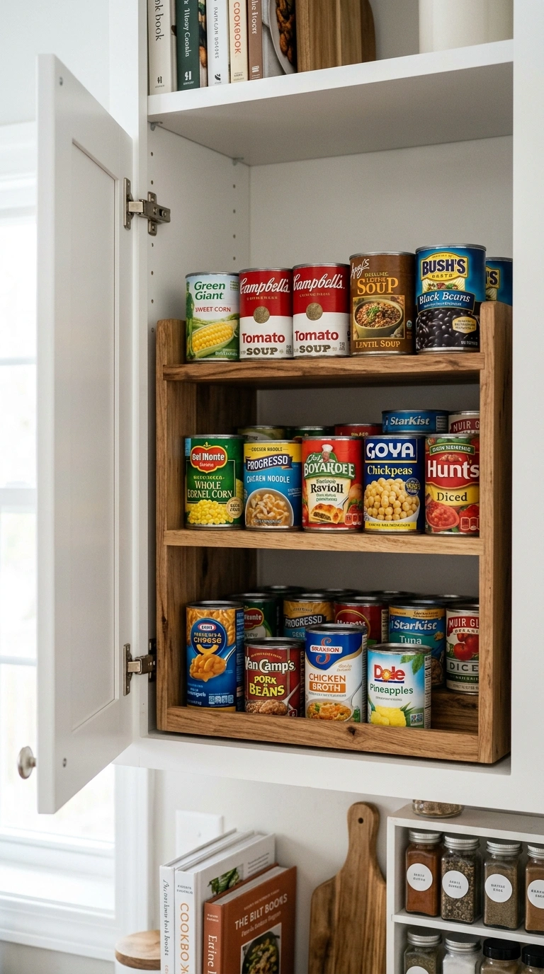 012 Tiered Shelf Organizers An open kitchen cabinet sh