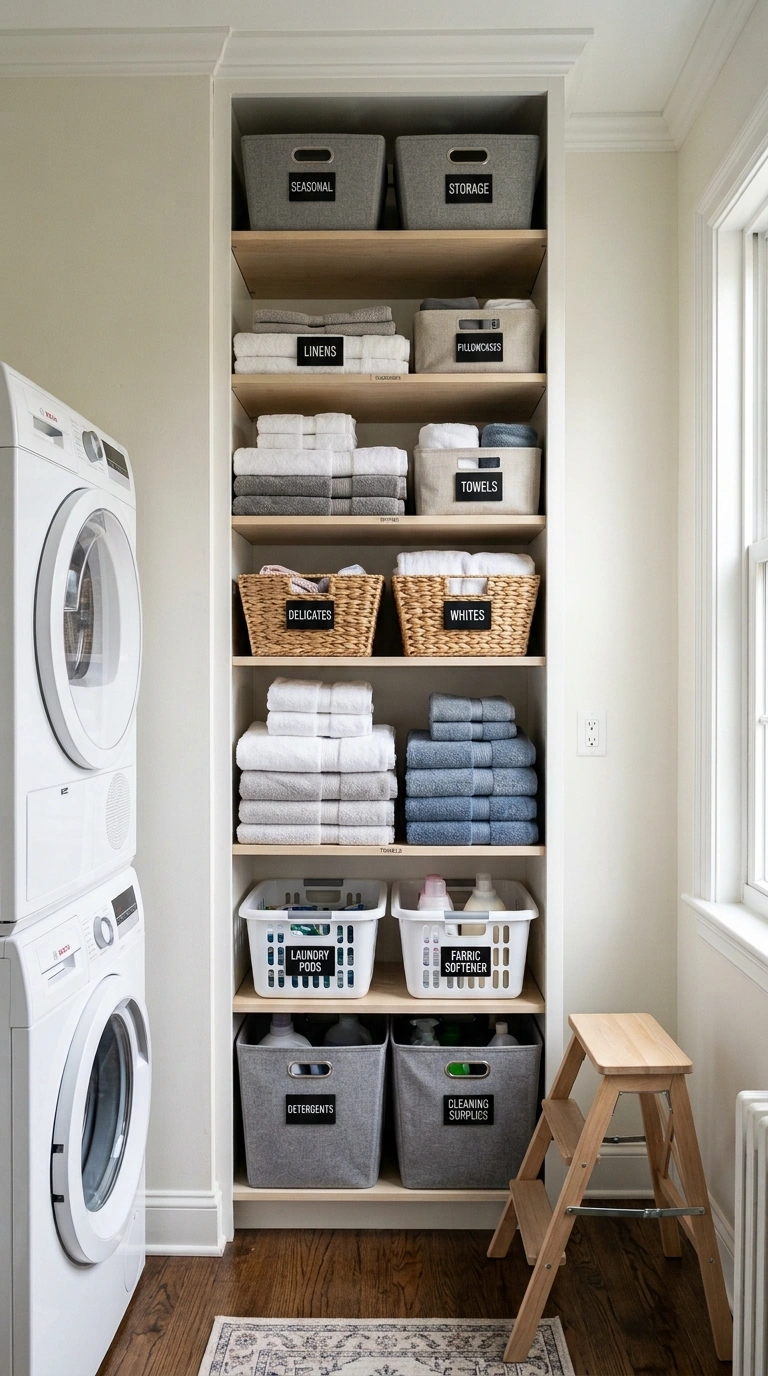 Small Laundry Room? 16 Organization Ideas That Help 13 012 Use Vertical Storage A tall narrow shelving unit i