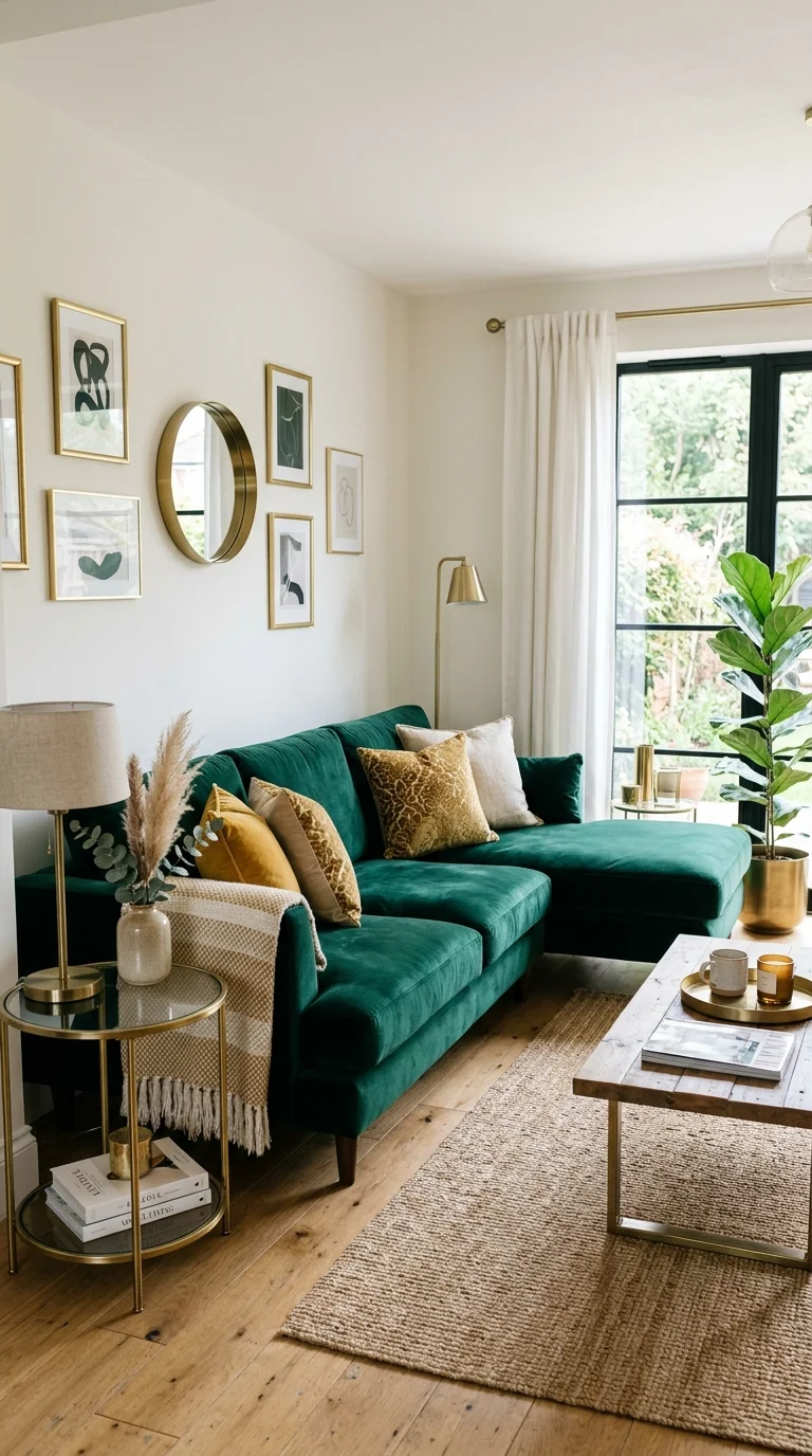 012 Velvet Corner Sectional A deep emerald green velve