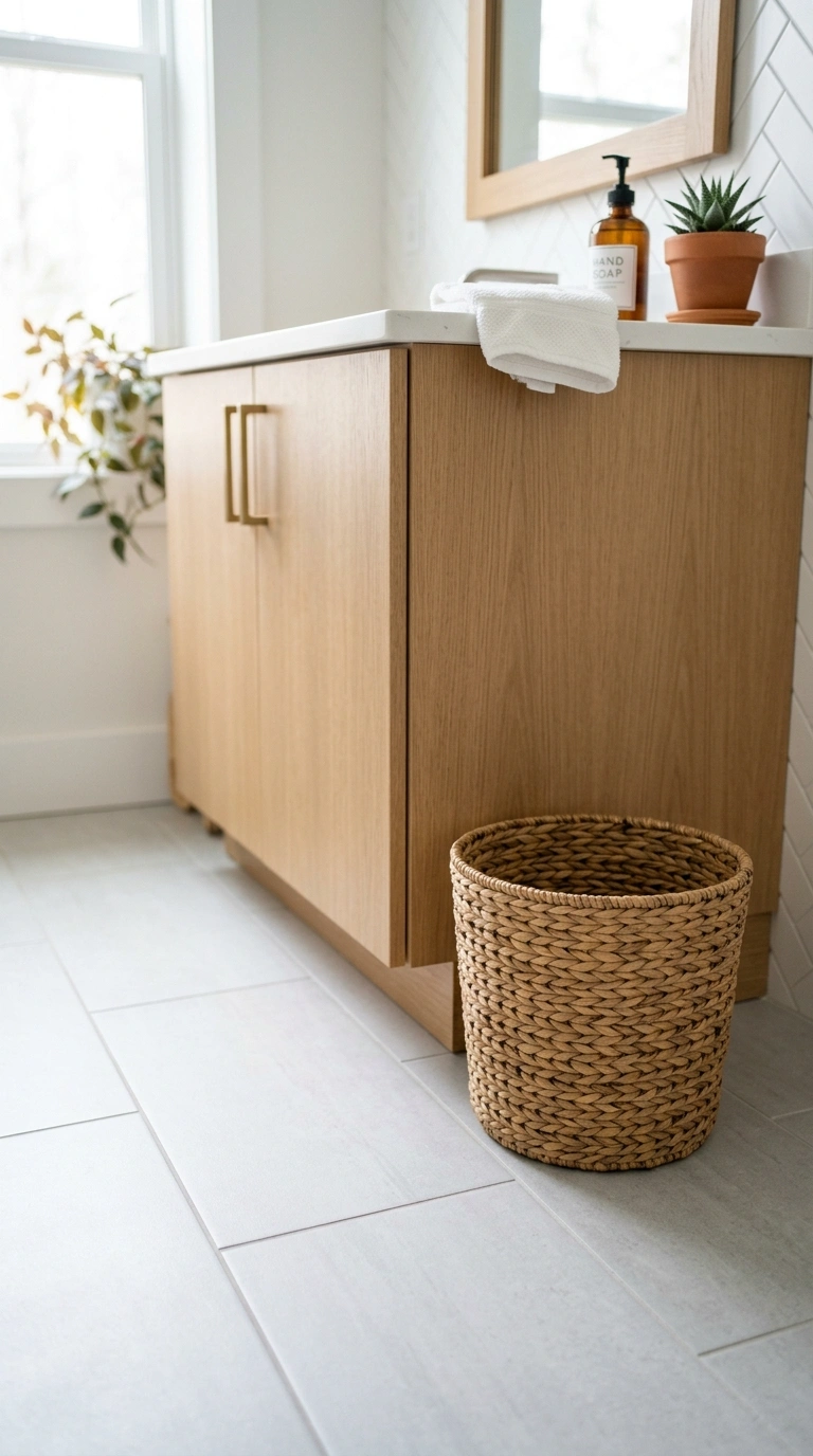 012 Wicker Wastebasket A bathroom floor beside the van