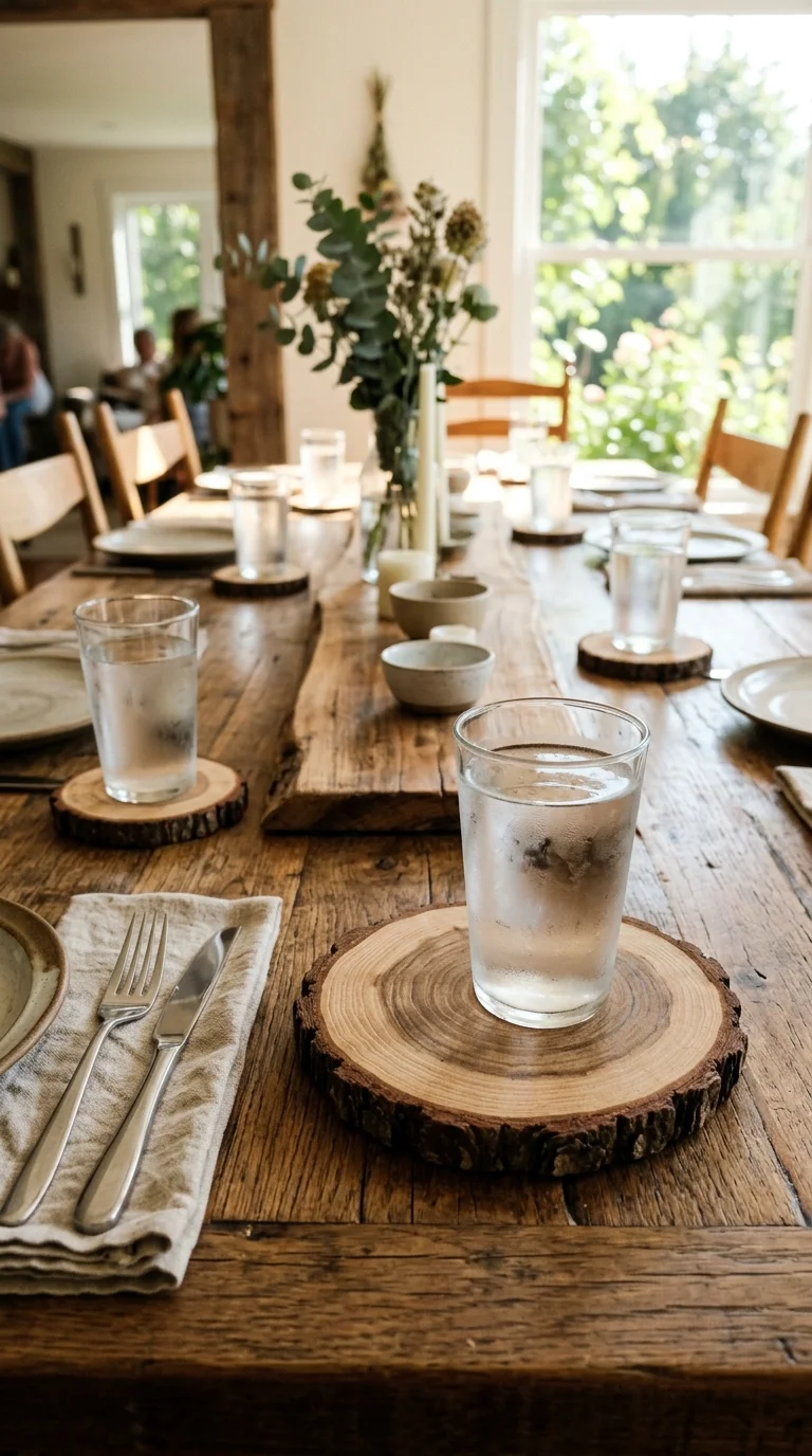 012 Wooden Slice Coasters A dining table with thin woo