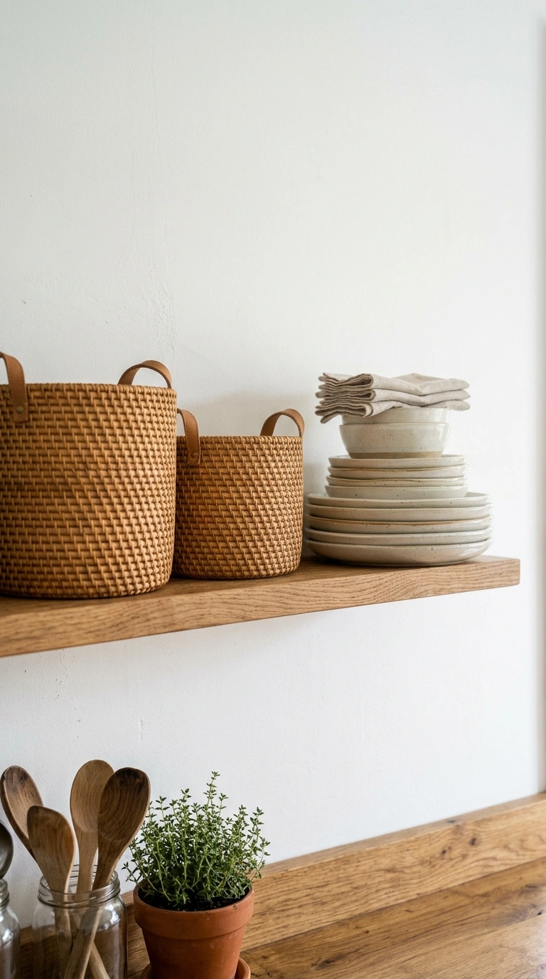 012 Woven Basket Shelves A wood open shelf in a kitche