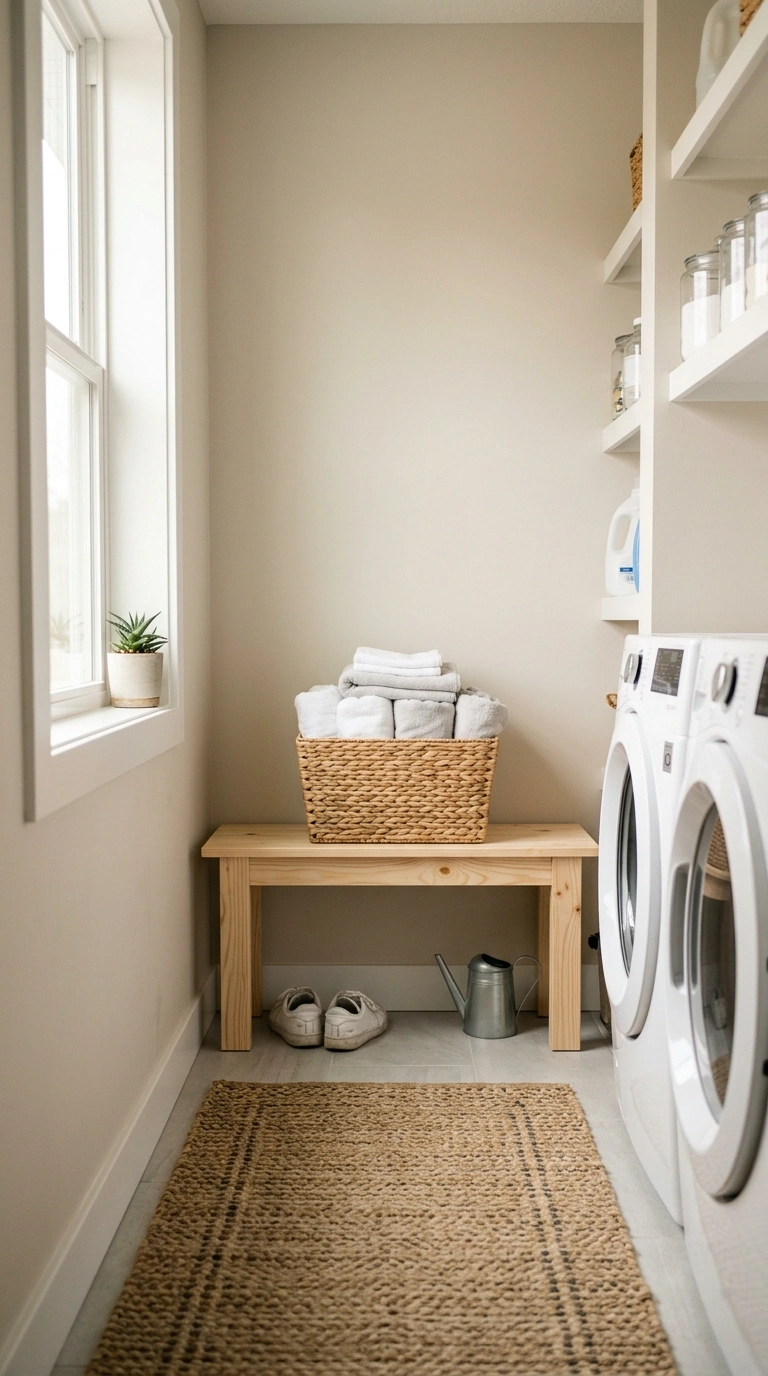 Small Laundry Room? 16 Organization Ideas That Help 14 013 Add Small Bench A small laundry room with a narrow