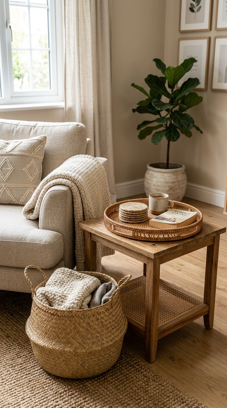 21 Easy Seasonal Updates for Anyone Decorating on a Budget 14 013 Add Woven Textures A living room side table with a