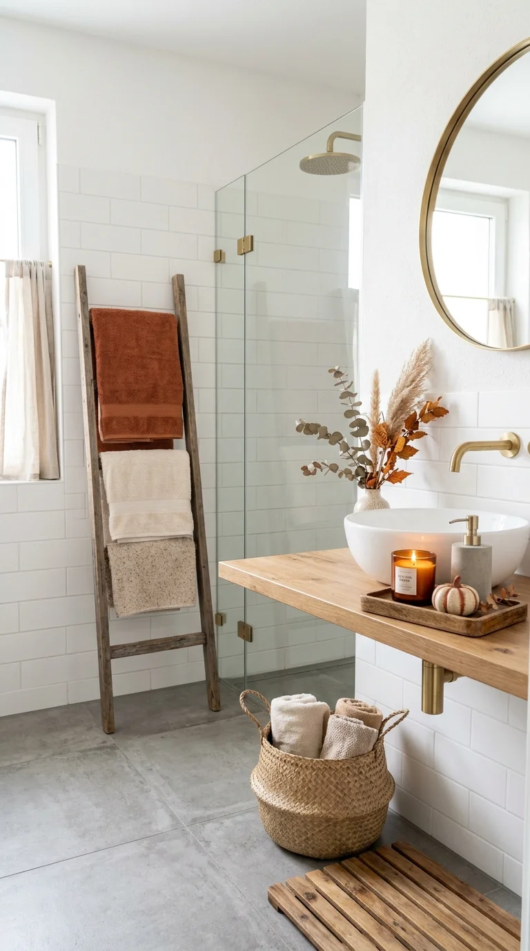 Cozy Fall Decor Ideas for Every Room (21 Picks) 14 013 Bathroom Fall Touches A bright white bathroom with