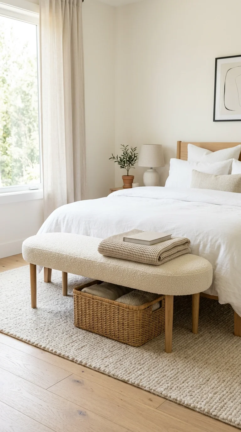 013 Bench at Bed End A cream boucle bench at the foot
