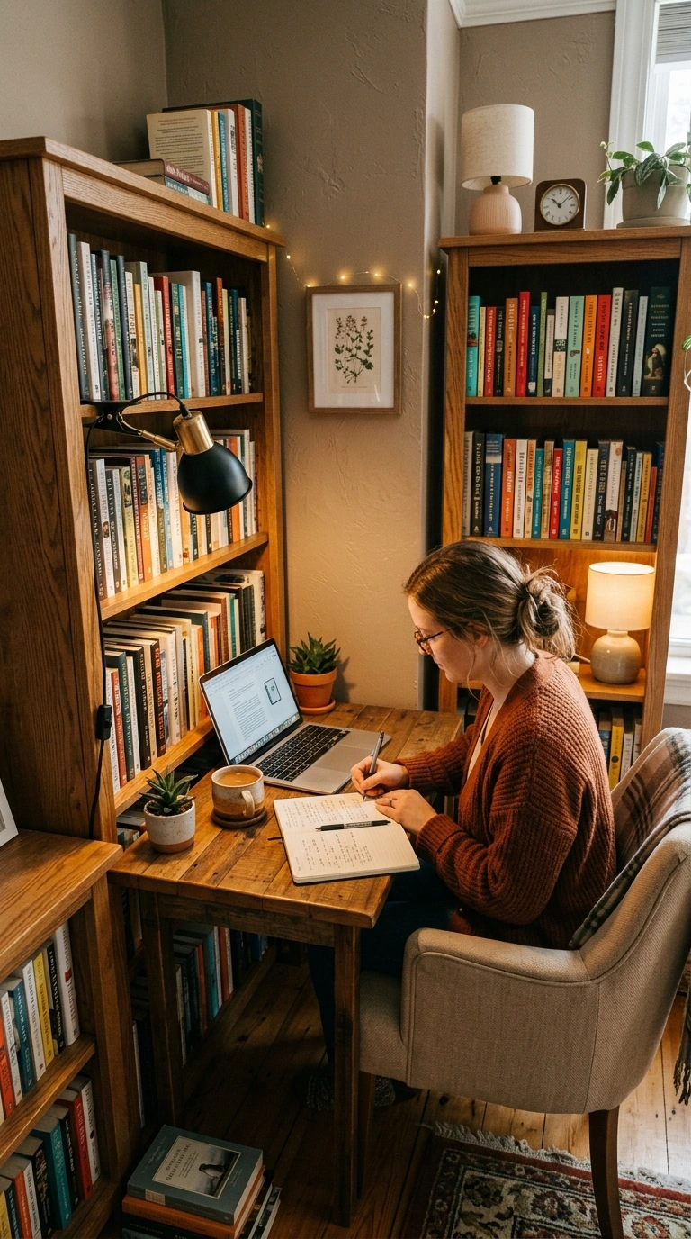 013 Bookshelf Nook Office A narrow desk fitted into a