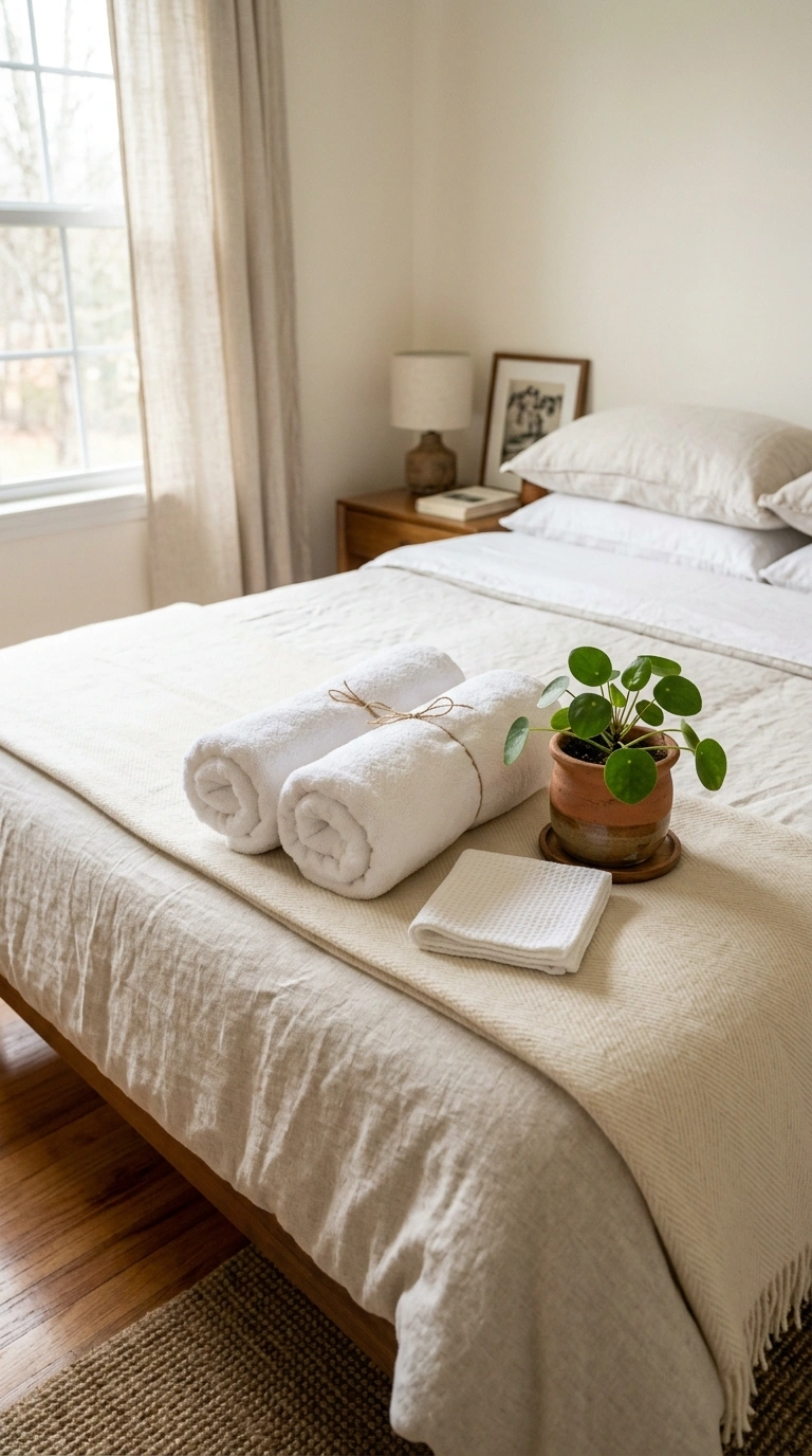Setting Up a Guest Bedroom? Start Here (13 Essentials) 14 013 Clean Towel Set Two rolled white towels and a smal