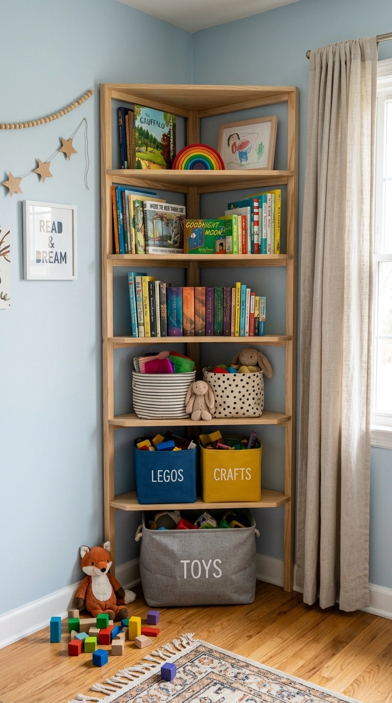Kids Bedroom Storage That Actually Gets Used (17 Ideas) 14 013 Corner Shelf Unit A kids bedroom corner with a tal