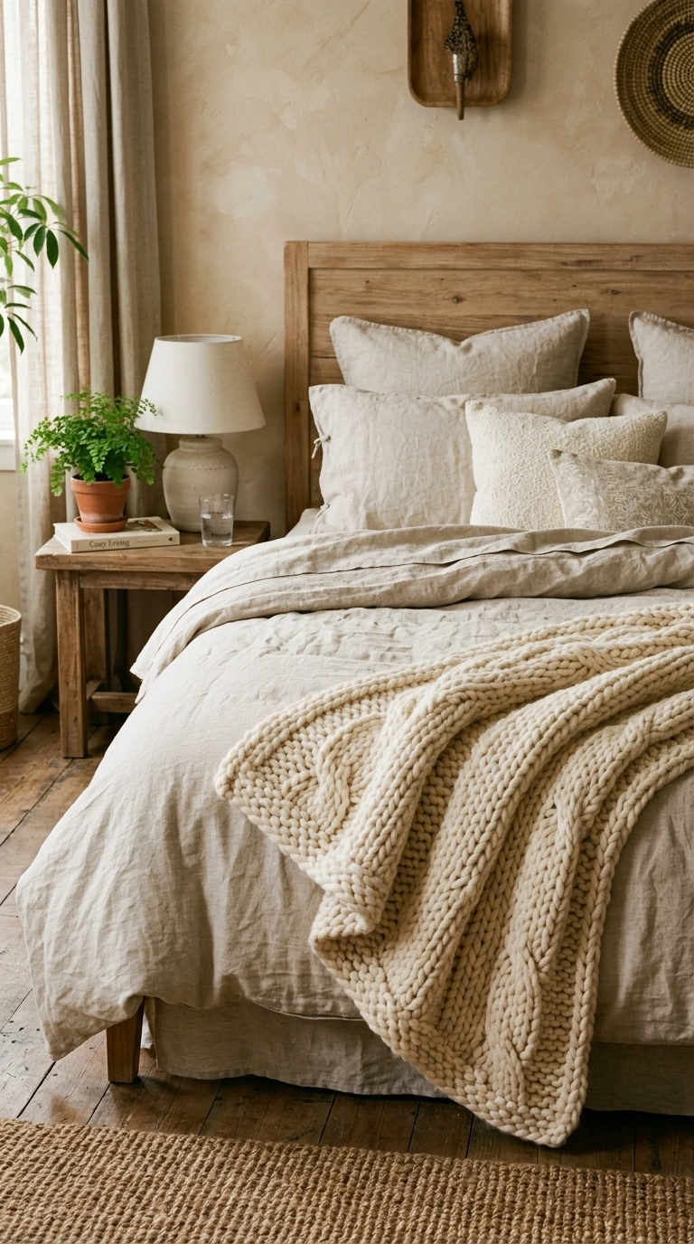 Neutral Bedrooms That Never Go Out of Style (15 Ideas) 14 013 Cozy Knit Throw A bed with a chunky cream knit thr