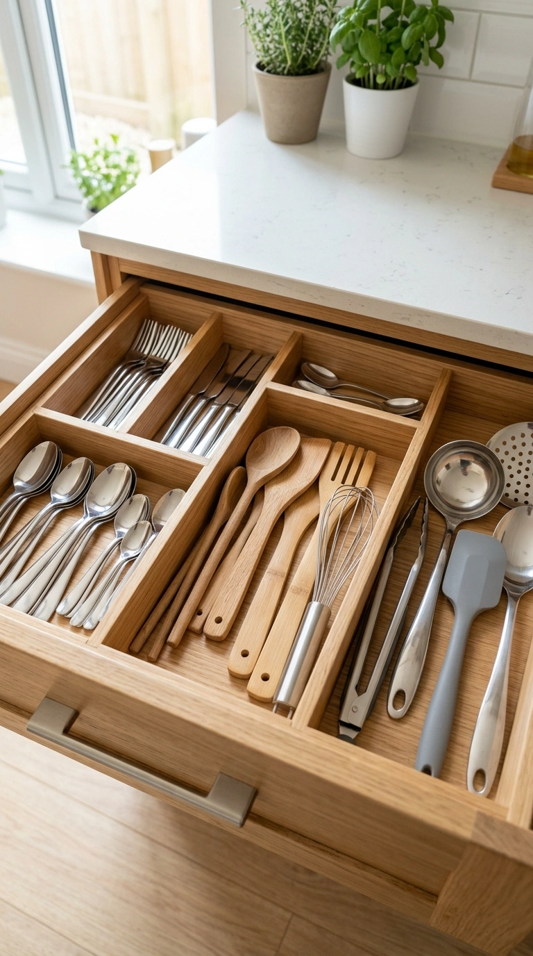 013 Drawer Dividers An open kitchen drawer divided int