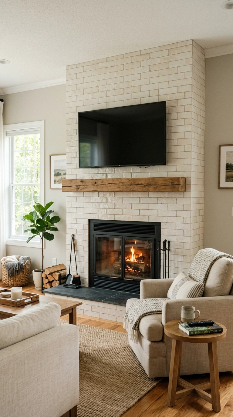 TV Wall Ideas That Don't Look Like an Afterthought (18 Picks) 14 013 Fireplace and TV Combo A living room with a tiled