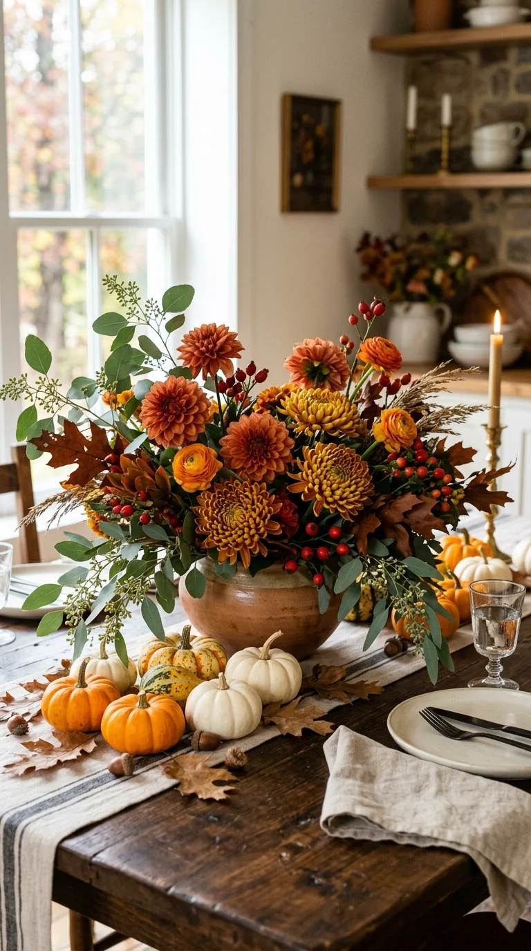 013 Floral Harvest Centerpiece A dining table with a l