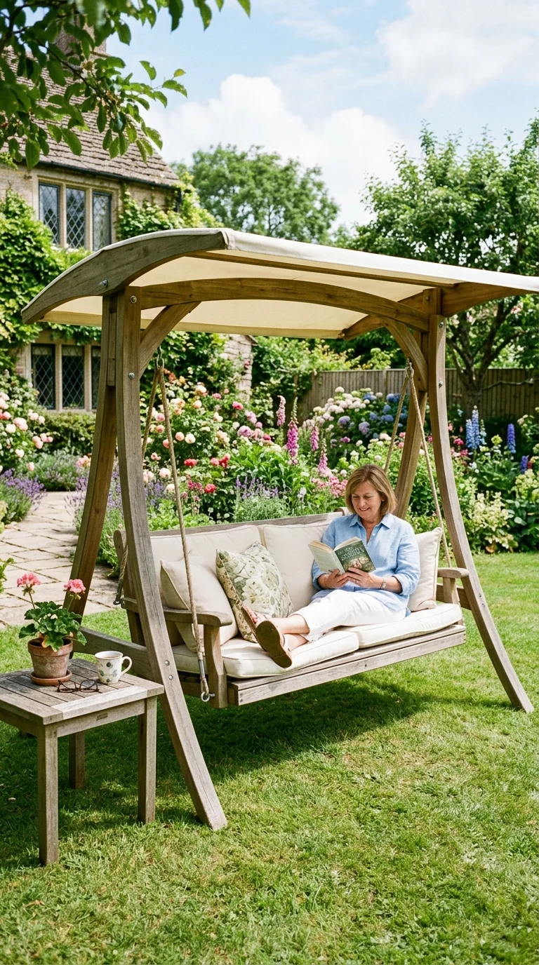 013 Garden Swing Bench A backyard lawn with a wooden g