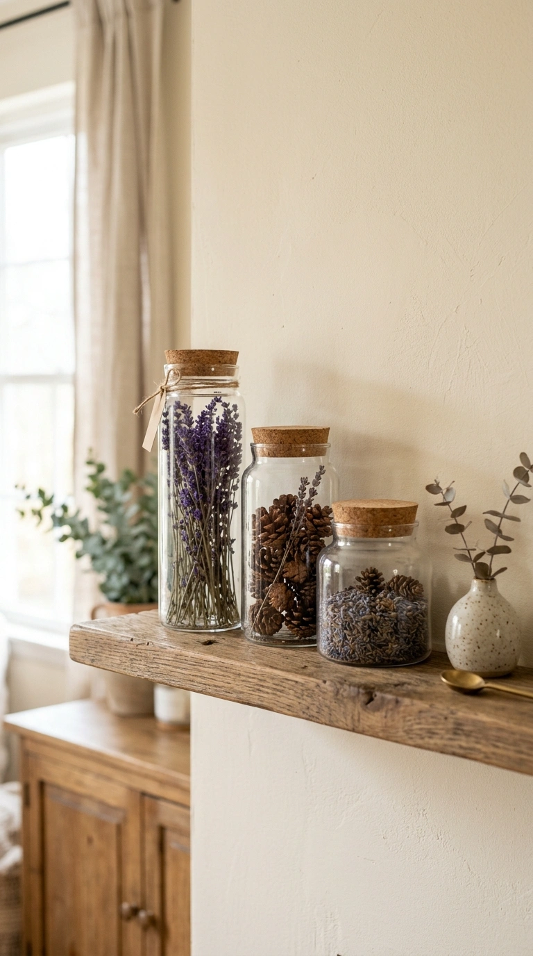 Living Room Shelves Styled Right: 19 Ideas 14 013 Glass Jar Display A living room shelf styled with