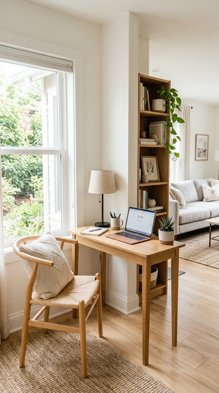 13 Cozy Office Corners for Small Homes 14 013 Living Room Corner Desk A slim wooden writing desk