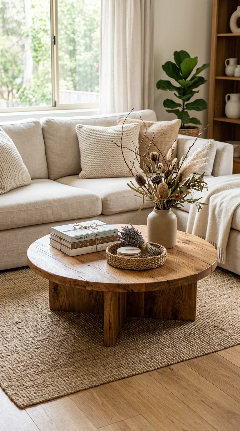 23 Budget Boho Living Rooms That Look Anything But Cheap 14 013 Low Wood Coffee Table A round low wood coffee tabl