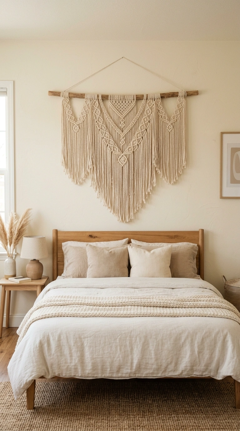 What to Put Above Your Bed: 20 Wall Decor Ideas 14 013 Macrame Wall Hanging A bed with a natural cotton m