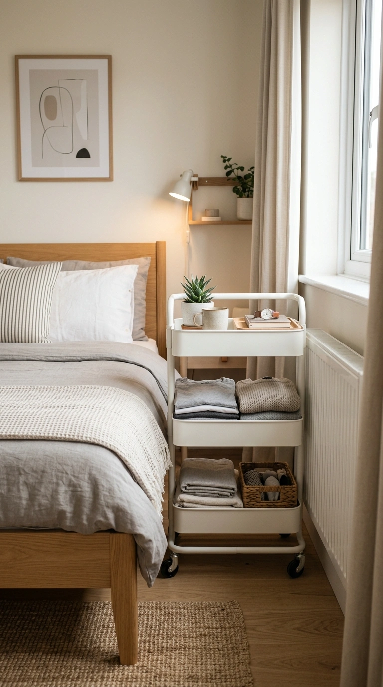 Small Bedroom, Big Style: 19 Layout Ideas 14 013 Rolling Cart Storage A small bedroom with a slim r