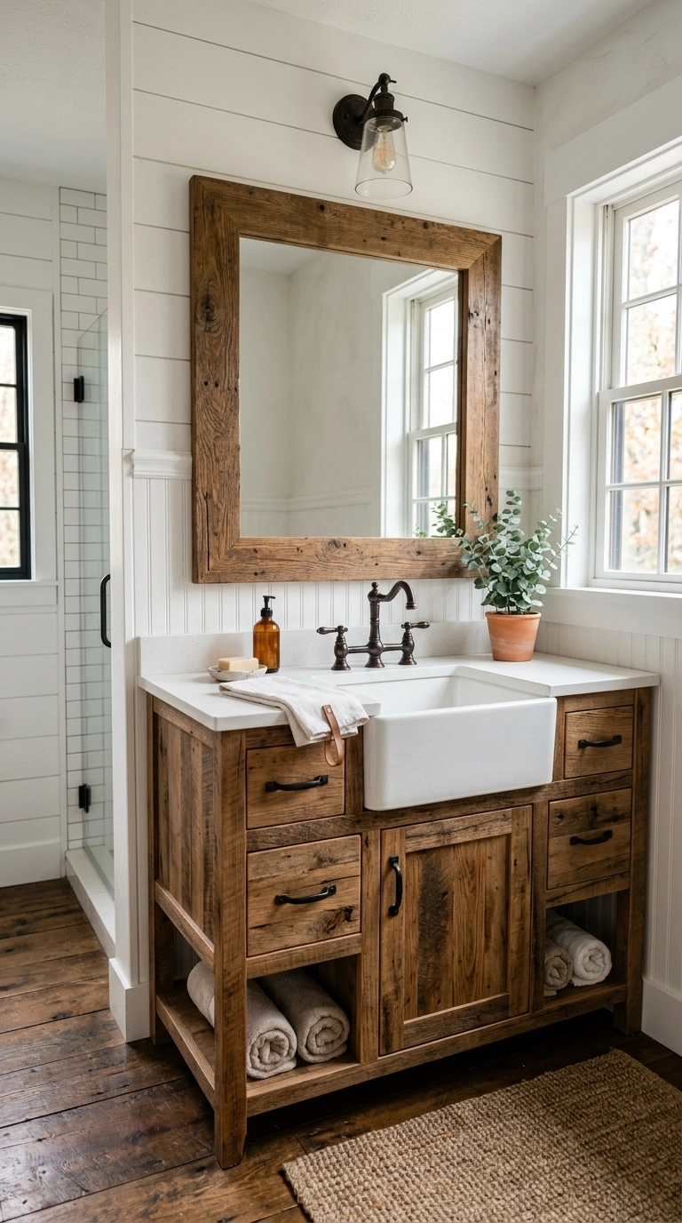 Farmhouse Bathrooms Done Right: 14 Inspiring Looks 14 013 Rustic Wood Vanity A farmhouse bathroom with a rec