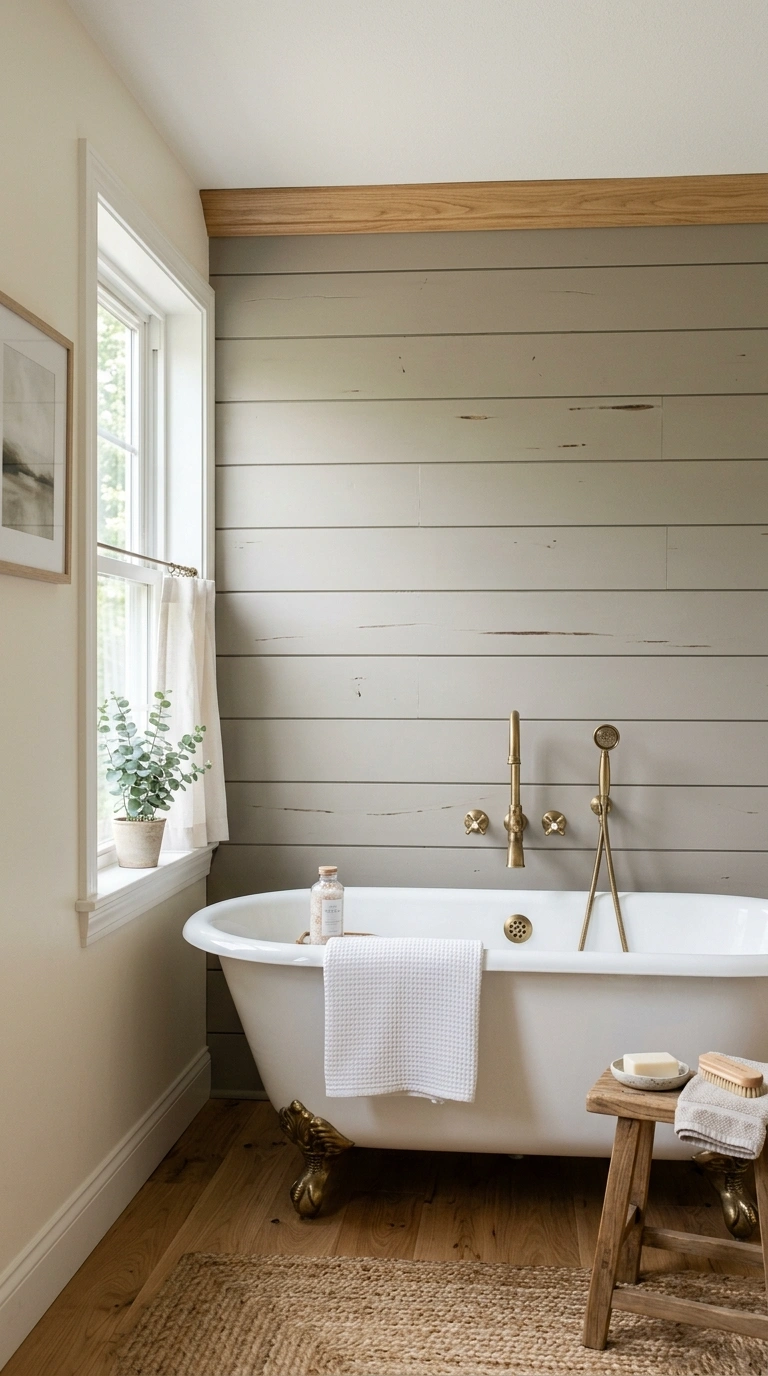013 Shiplap Accent Wall A bathroom with a soft greige
