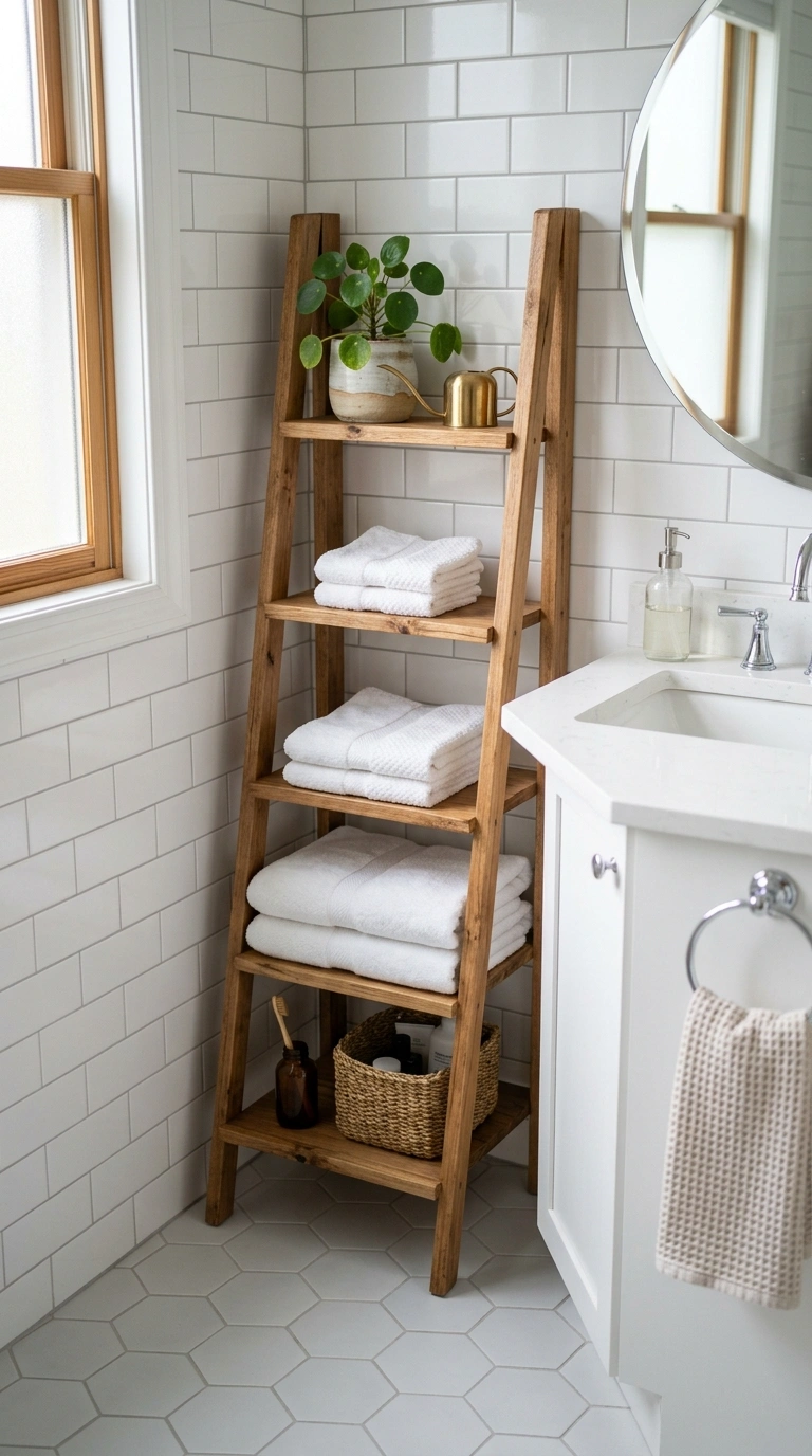 013 Small Ladder Shelf A bathroom corner beside a vani