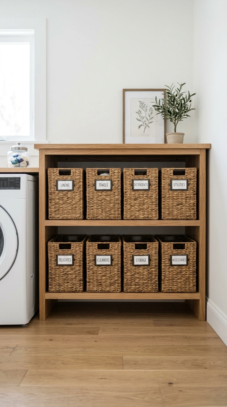 Laundry Shelves Styled Beautifully (13 Ideas) 14 013 Two Tier Basket Shelf A wood shelving unit with tw