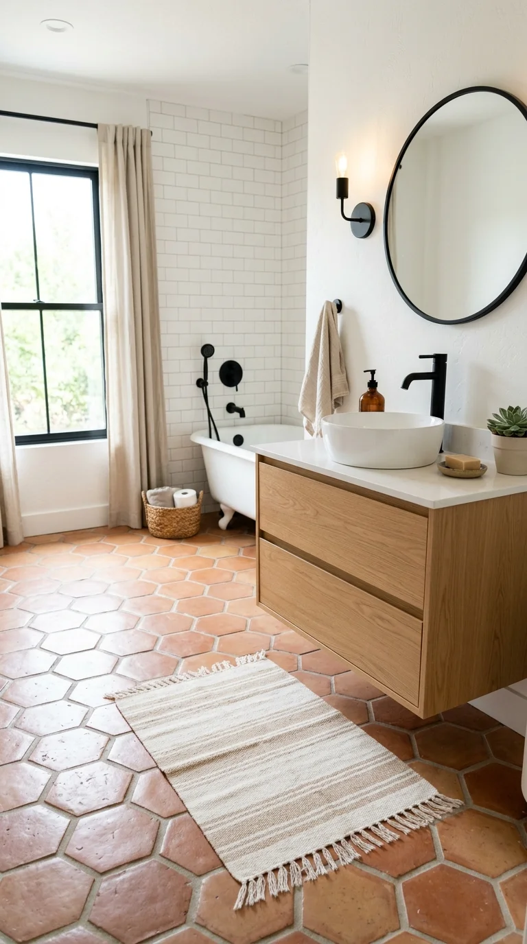 013 Warm Terra Cotta Tile A bathroom with hexagon terr