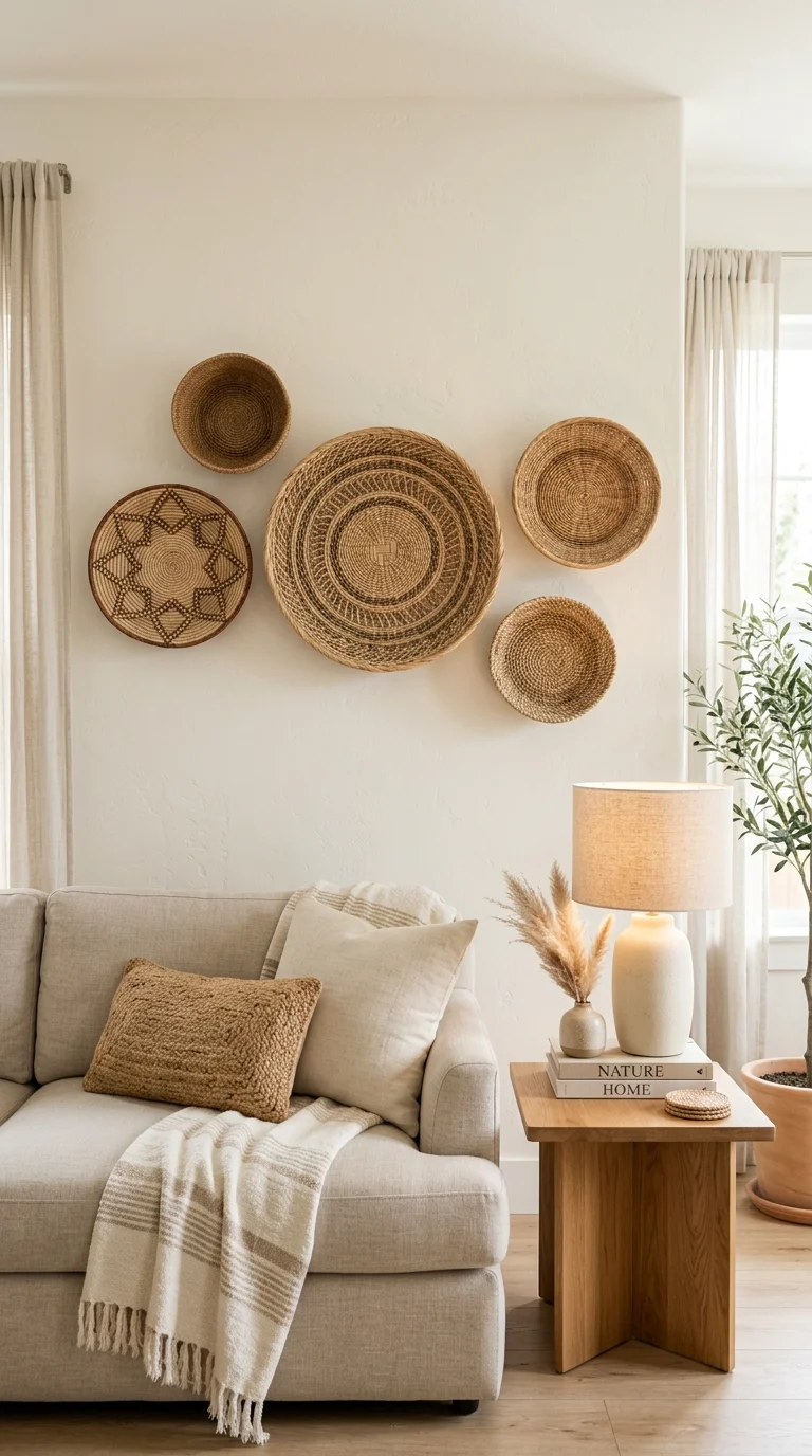 013 Woven Wall Baskets Five natural fiber baskets in d