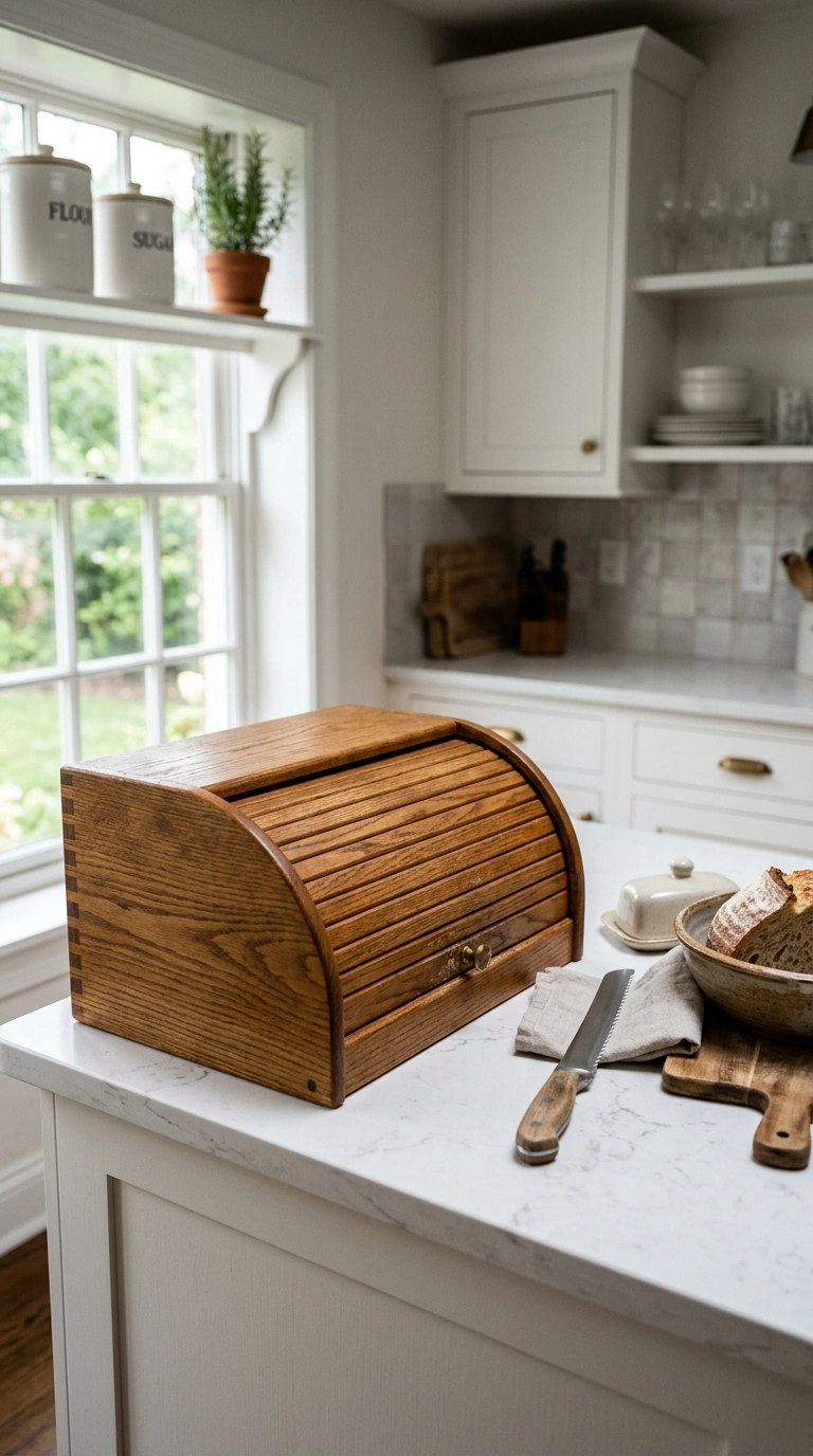 014 A Wooden Bread Box A wooden rolltop bread box sitt