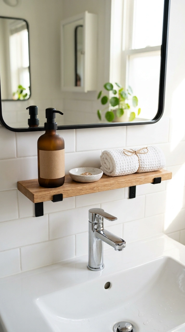014 Above Faucet Shelf A narrow wood shelf mounted bet