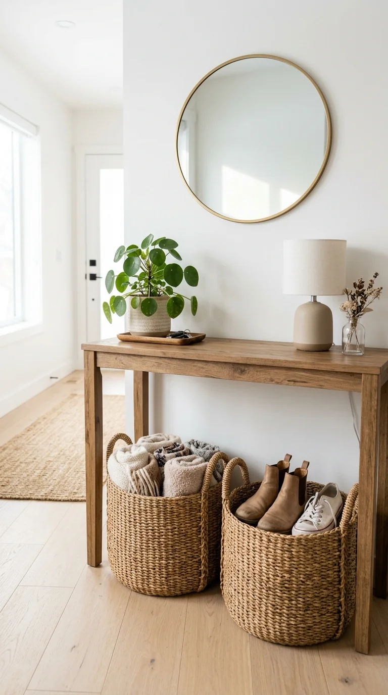 014 Baskets Under Console A wooden console table with